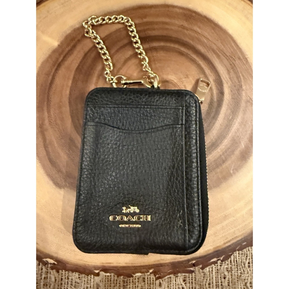 COACH Zip ID Card Case Black Pebble Leather Gold Chain Strap 6303 Mini Wallet
